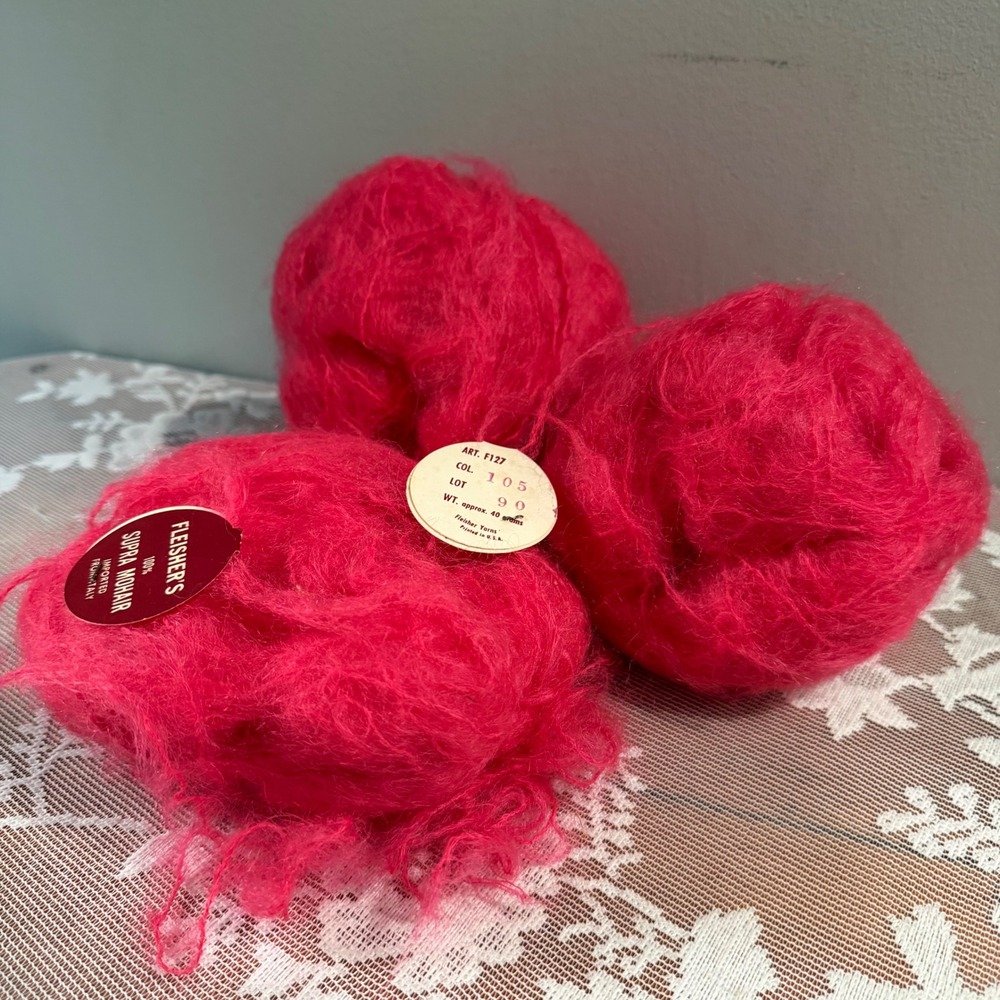 Vintage Fleisher's Supra 100% Mohair Yarn 3 Balls Hot Pink Italy F127 Same Lot